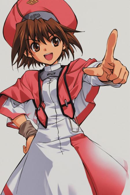 28416-180541370-Cisqua,1girl,solo,brown hair,hat,pointing,short hair,brown eyes,hand on hip,open mouth,smile,white background,dress,pointing at.png